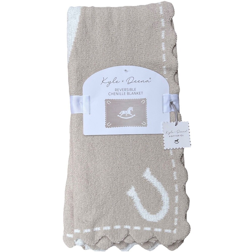Kyle & Deena Beige Rocking Horse Scalloped Edge Chenille Baby Blanket Reversible
